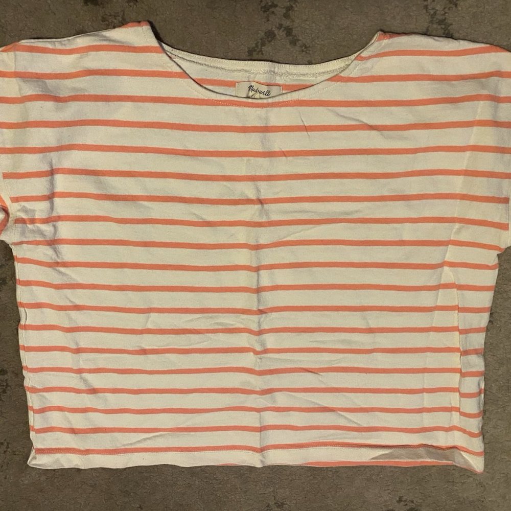 Women's Madewell Boxy Cropped T shirt - Pink and White Stripes - Size Small